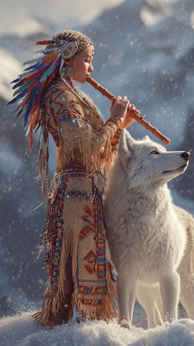 Native American Woman Wolf Snowy Mountains Flute