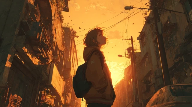 Anime Boy in Abandoned City Sunset Melancholy