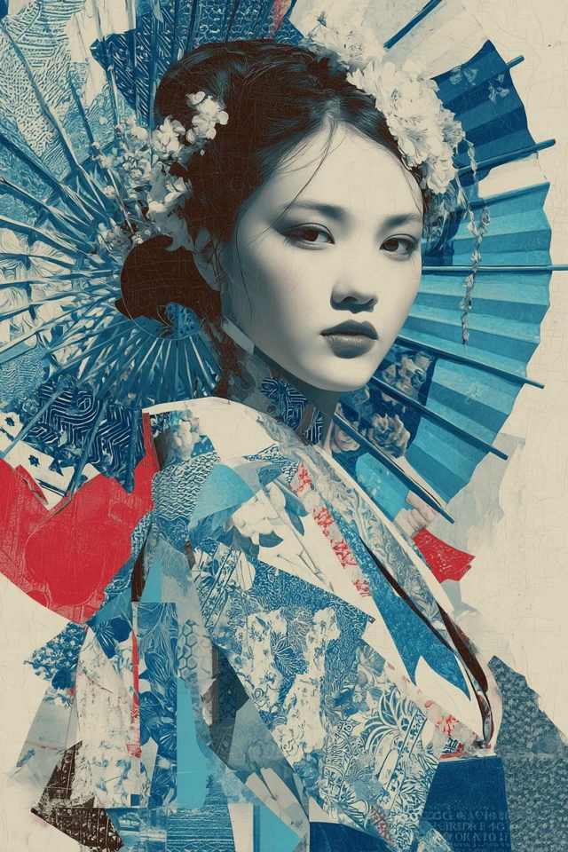Japanese Female Collage Blue and White Art
