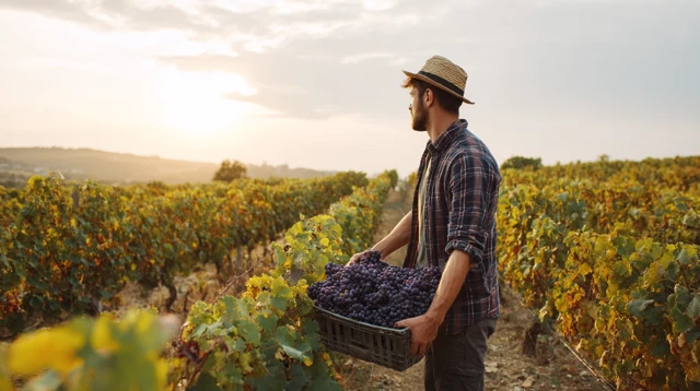 Man Harvesting Grapes in Vineyard at Sunset