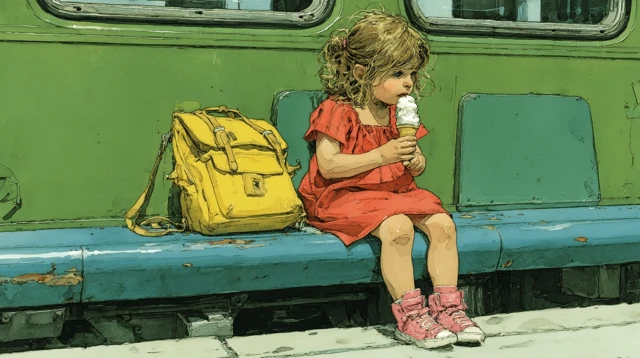 Little Girl Eating Ice Cream on a Train Illustration