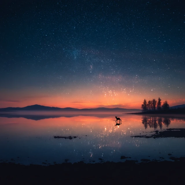 Starry Lake Deer Silhouette Illustration