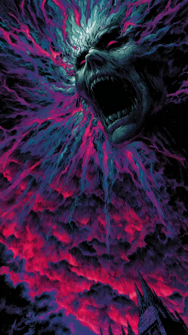 Abstract Horror Art: Radioactive Flames and Skull