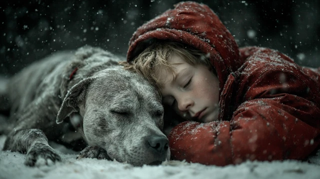Boy and Dog in Snow Emotional Winter Scene