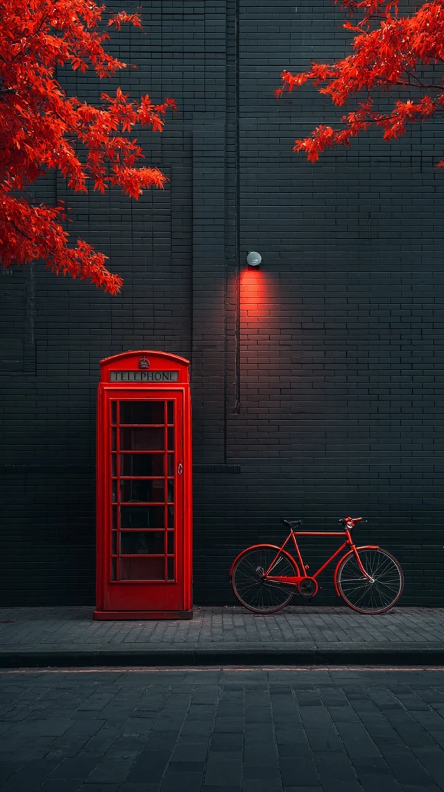Red Telephone Booth and Bicycle Urban Scene