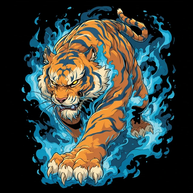Fierce Tiger in Flames - T-Shirt Design