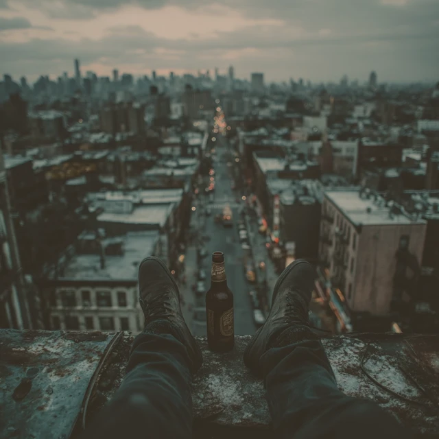 NYC Rooftop View: Man Relaxing with a Beer