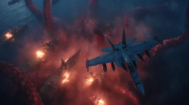 Chaotic Naval Battle: Fighter Jet vs Giant Tentacles
