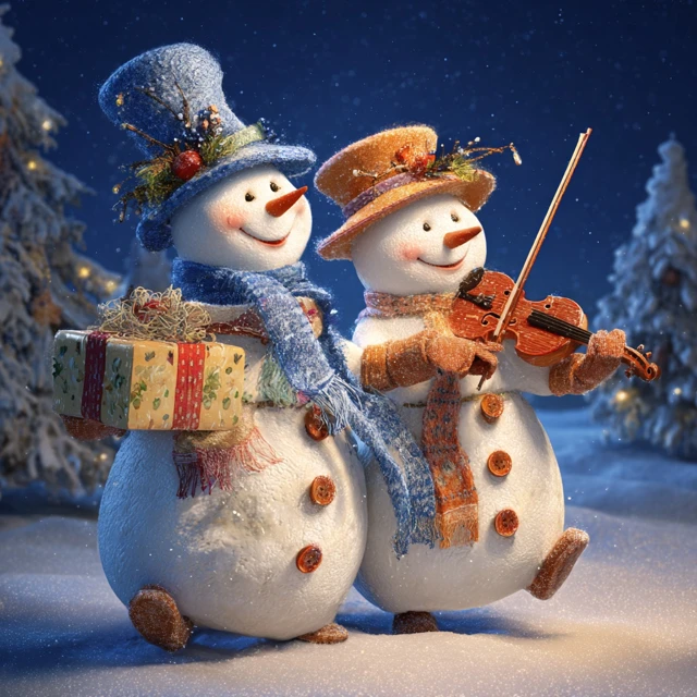 Snowman Violin Players Christmas Scene