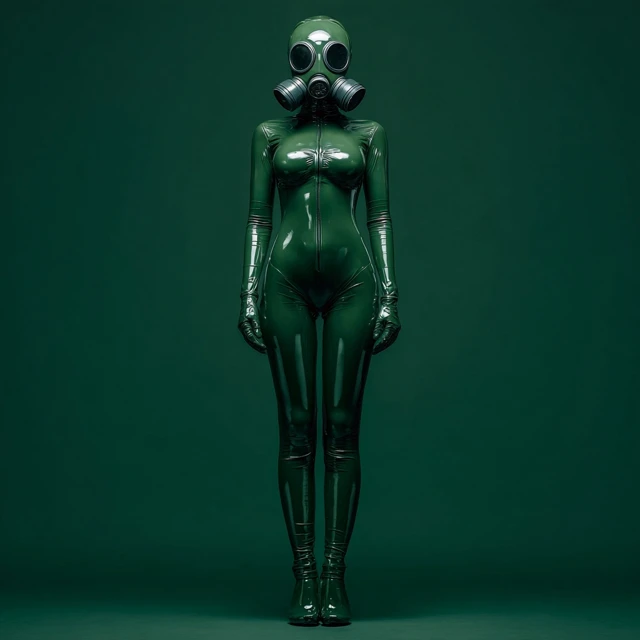 Woman in Green Latex Suit and Gas Mask