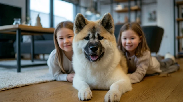 Akita Inu Dog with Children Cozy Home Scene