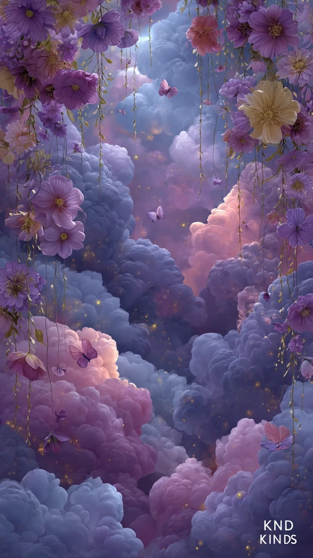 Magical Fantasy Landscape with Flowers and Clouds