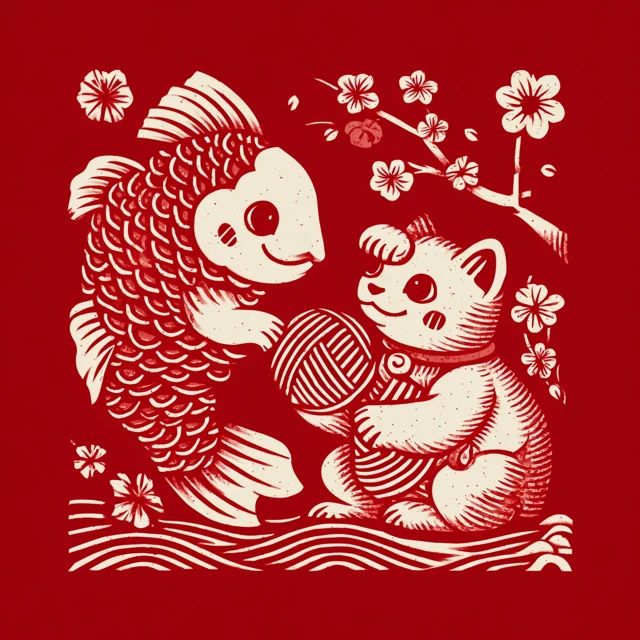 Chinese Paper Cut Art Koi Fish and Lucky Cat