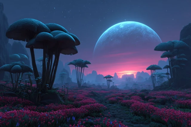Alien Planet with Bioluminescent Mushrooms