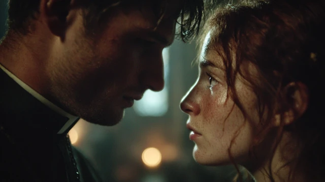 Emotional Tension Priest and Woman A24 Style
