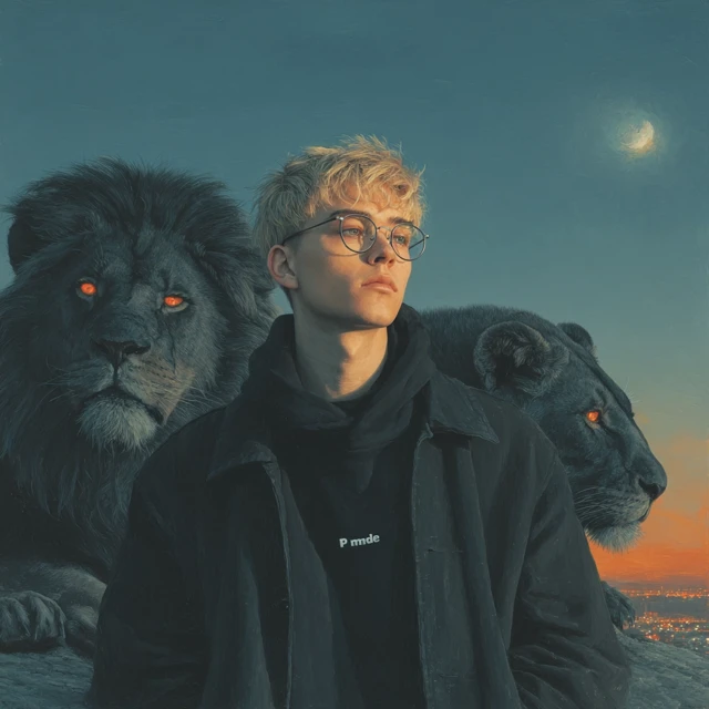 Young Man With Lions And Cityscape Photo
