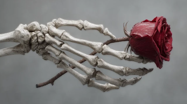Skeleton Hand Holding a Rose: Romantic Horror Art