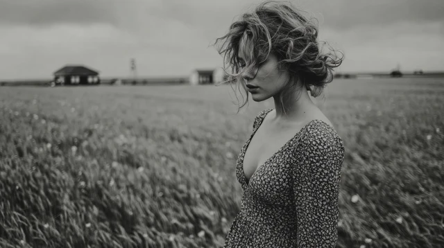 Beautiful Girl in a Field Black and White Photo