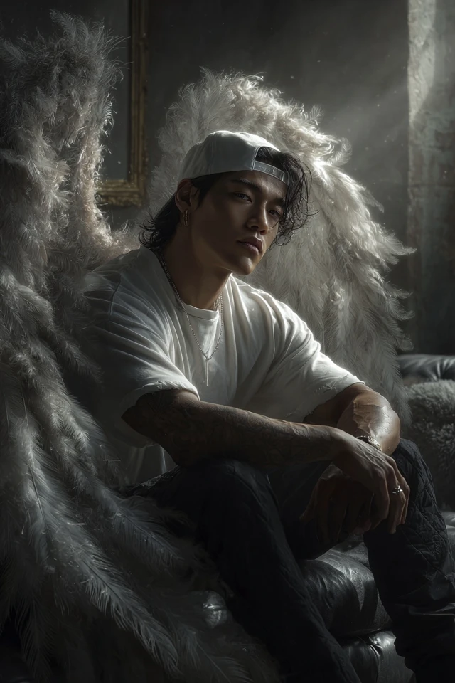 Asian Angel with Feathered Wings in Modern Apartment