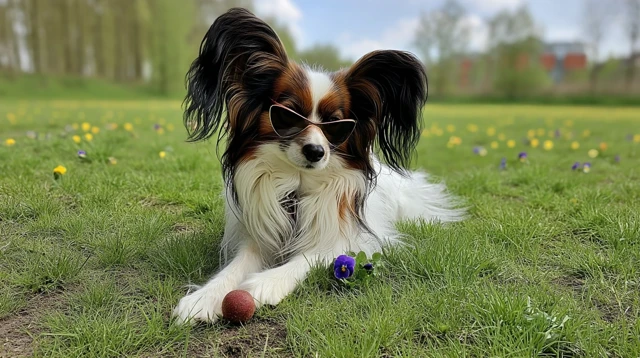 Papillon Dog in Sunglasses Relaxing in a Field