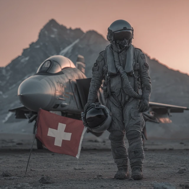 Swiss Pilot with F14 Tomcat and Flag