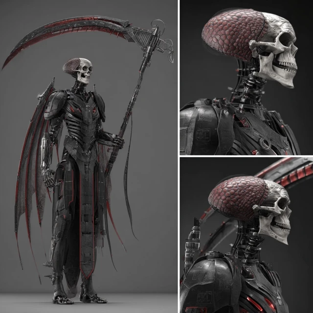 Cyberpunk Grim Reaper with Dragon Wings and Scythe