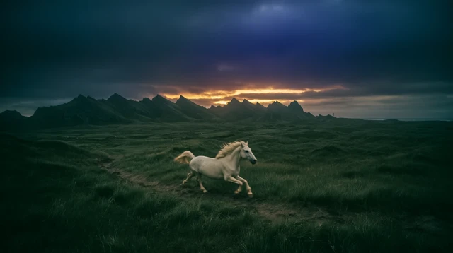 Icelandic Horse Running Dramatic Sunset Scene
