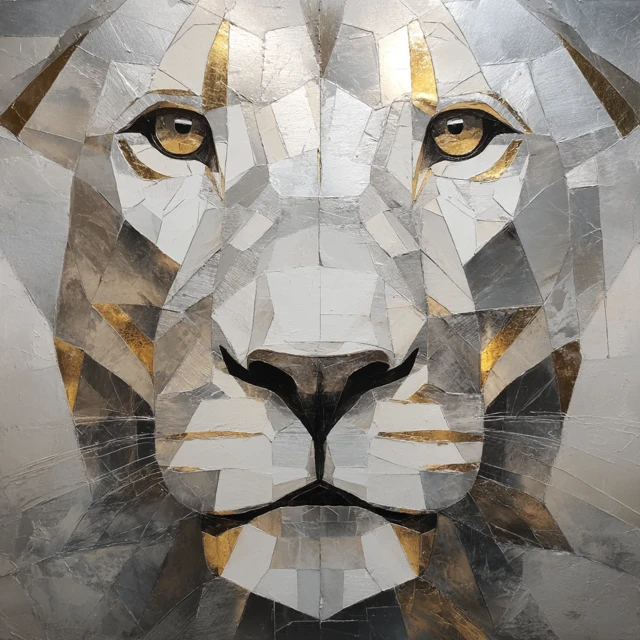 Abstract Lion Geometric Silver and Gold Foil Art