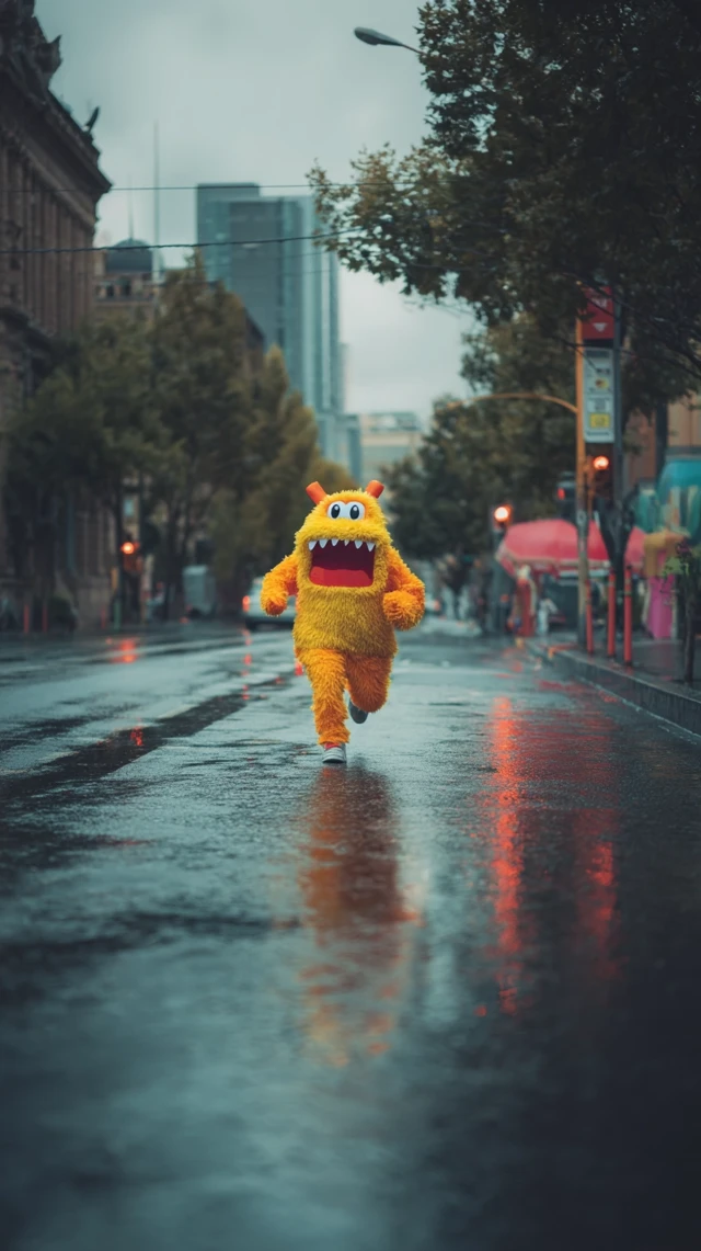 Monster Mascot Runs in the Rain Street Photography