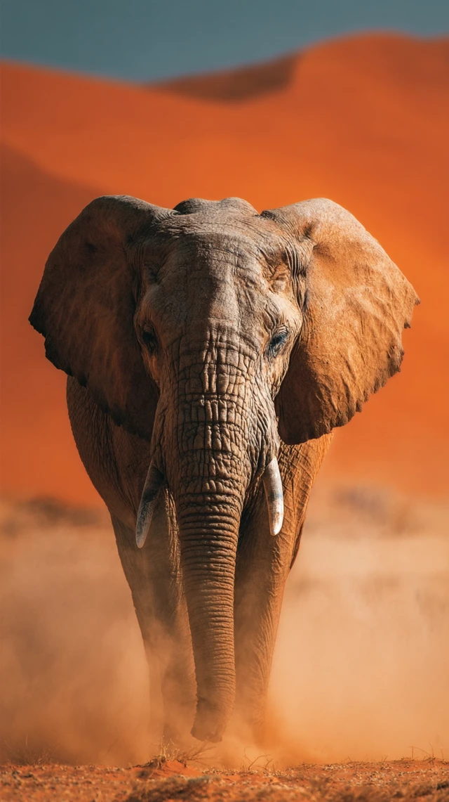 African Elephant in Desert Dust Realistic Photo