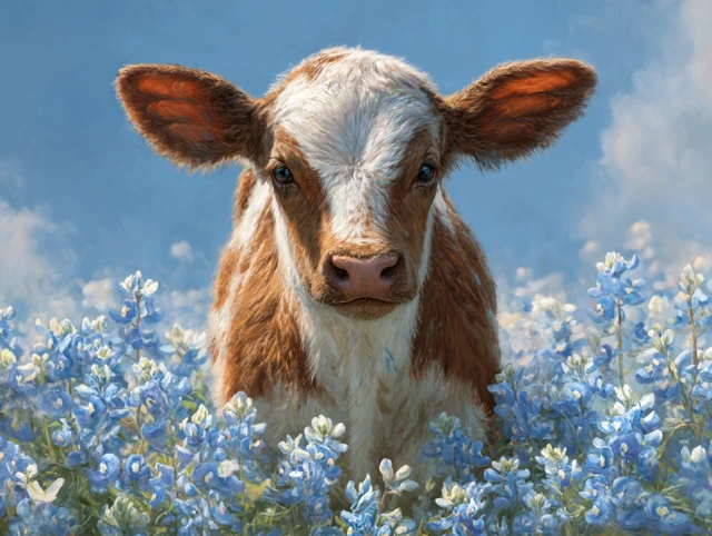 Cute Baby Longhorn in Bluebonnets