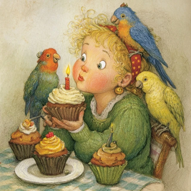 Cute Girl Blowing Candle on Cupcake Illustration