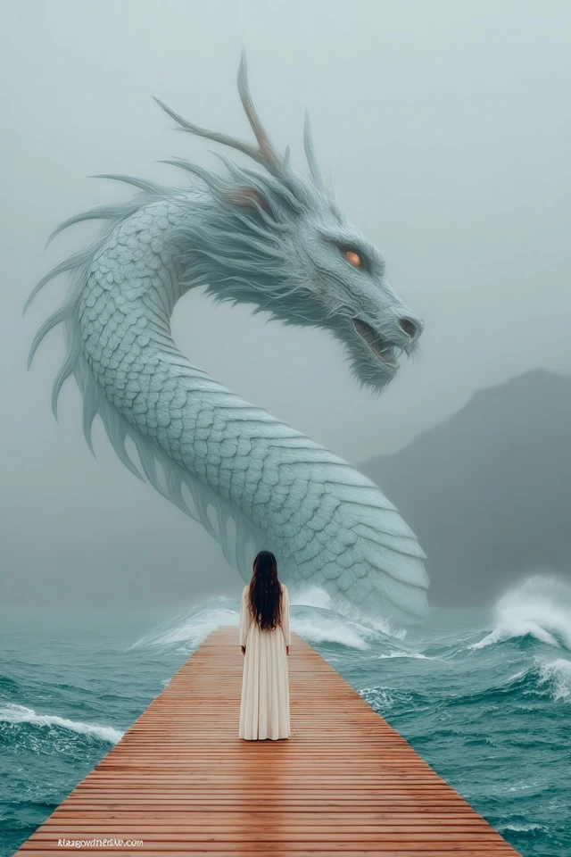 Woman Dragon Pier Surreal Water Scene