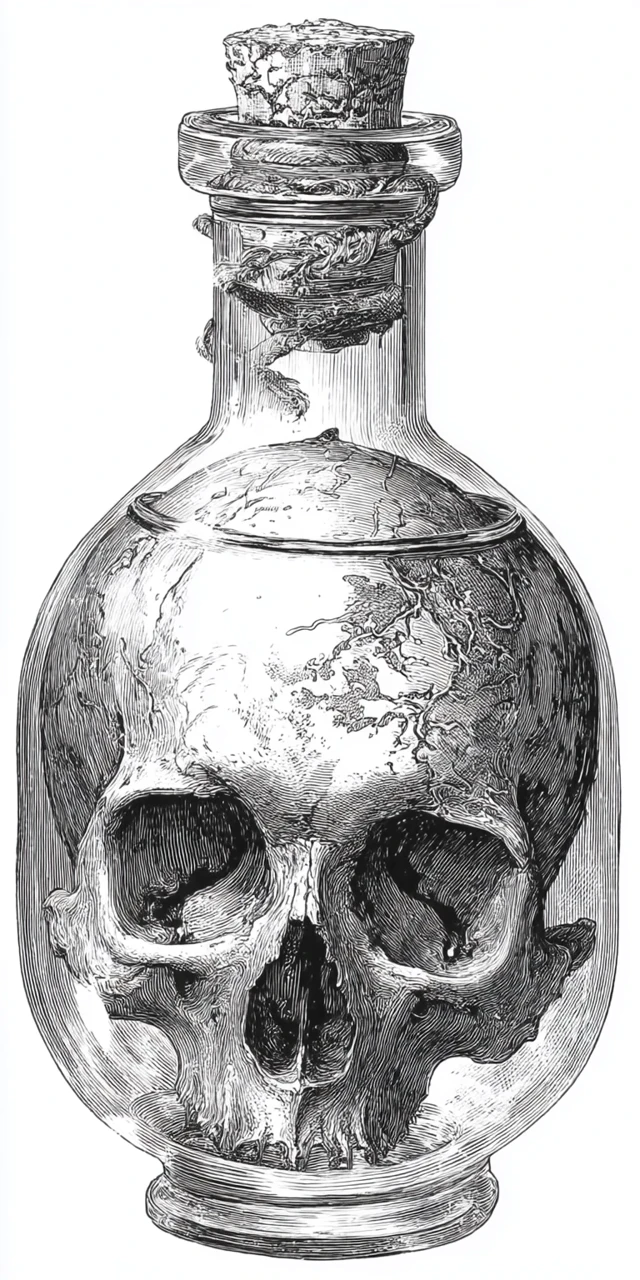 Mutated Skull in a Potion Bottle Engraving