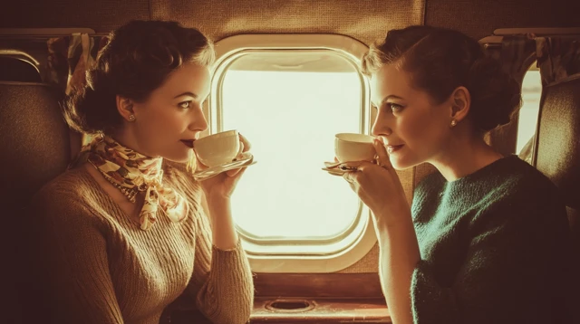 Vintage Photo Two Girls Coffee Airplane