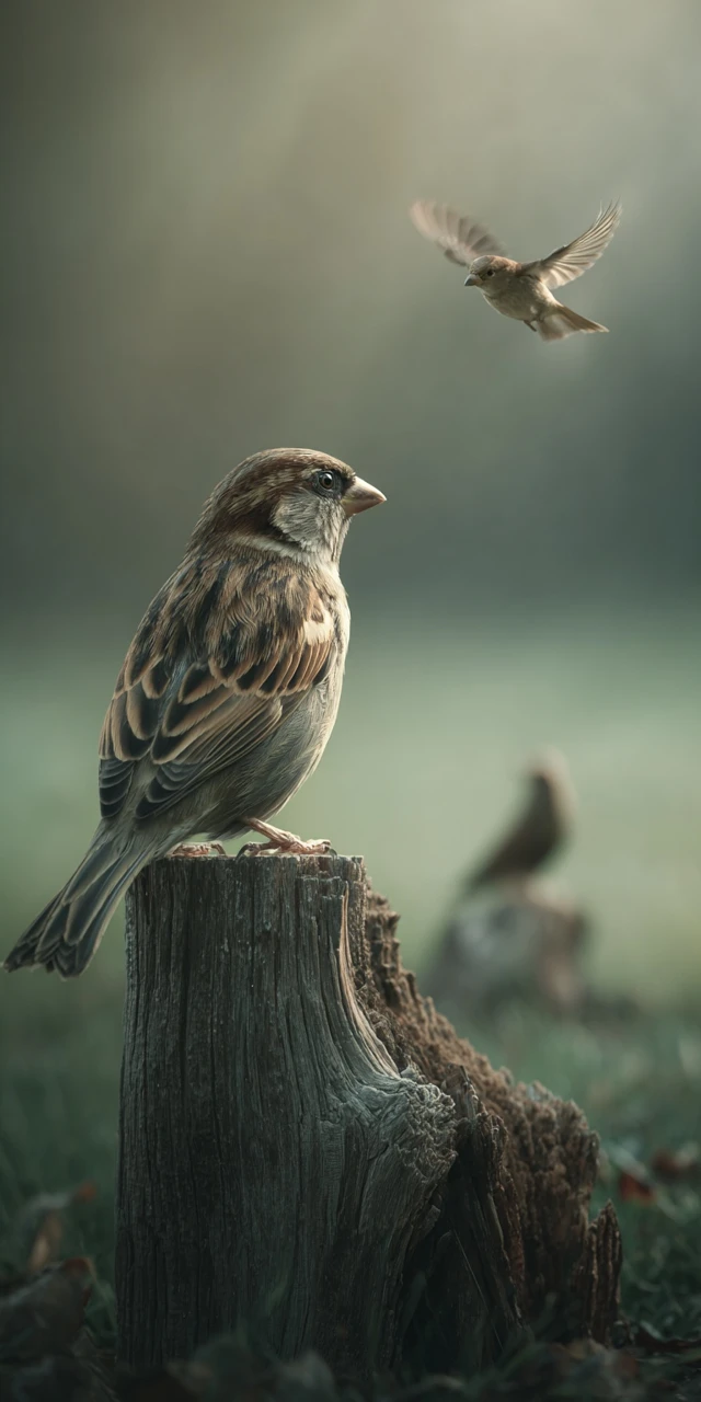Lonely Sparrow on Stump  Nature Photography