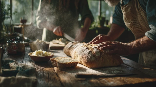 Warm Bread Slicing Soft Light Rustic Scene