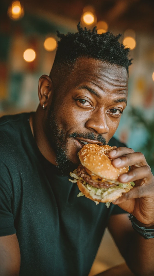 Black Man Enjoying a Burger Close Up