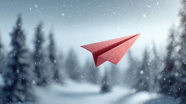 Red Paper Airplane Flying in Winter Wonderland