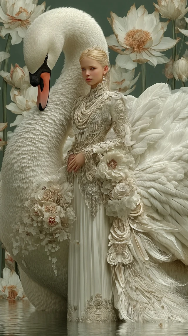 Dreamy Woman and Swan Portrait Elegant Divine