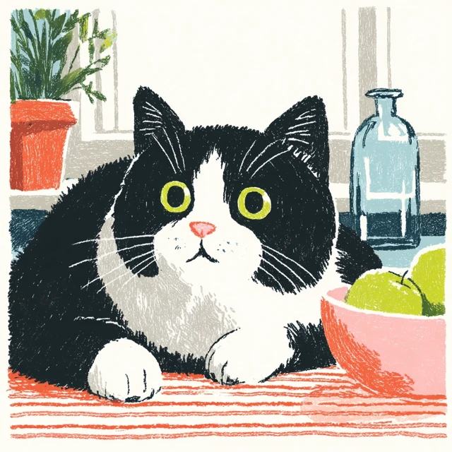 Cat Painting: Black and White Cat with Apples