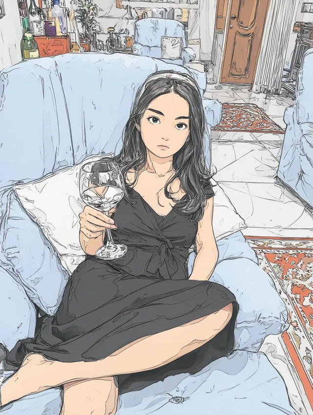 Chinese Girl in Black Dress Holding Glass in Villa