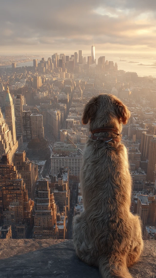 Golden Retriever Overlooks Modern City at Dawn