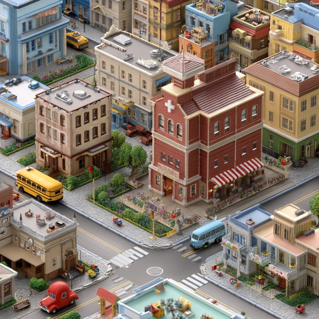 Pixar 3D Neighborhood Colorful Buildings Kid Friendly