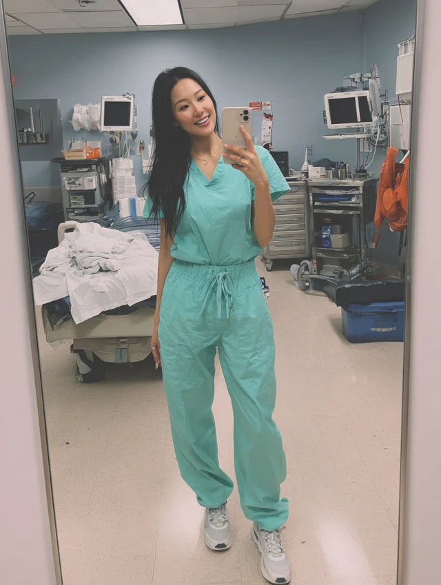 Beautiful Korean Nurse in Scrubs Smiling at Camera