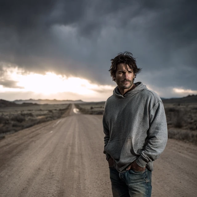 Brooding Man on Desolate Road Moody Portrait