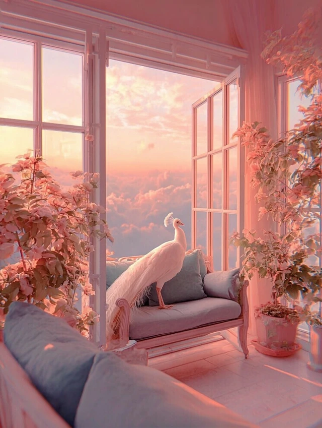 Dreamy Room with White Peacock and Pink Clouds