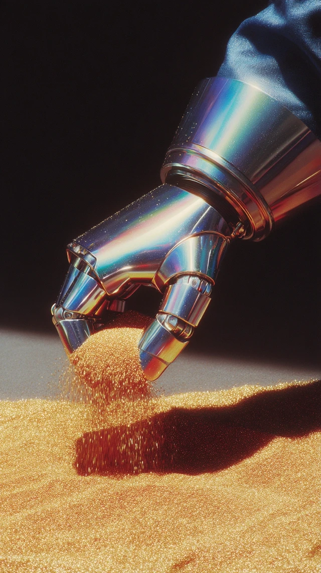 Mechanical Robot Hand Holding Gold Sand