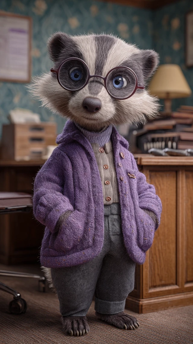 Anthropomorphic Badger in Office - Pixar Style 3D Render