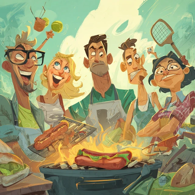 Cartoon Friends Grilling Hotdogs and Pickleball Fun